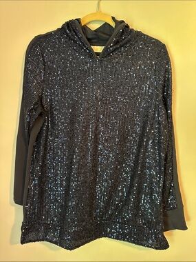 QVC Belle by Kim Gravel Navy Sequin Hoodie Tunic